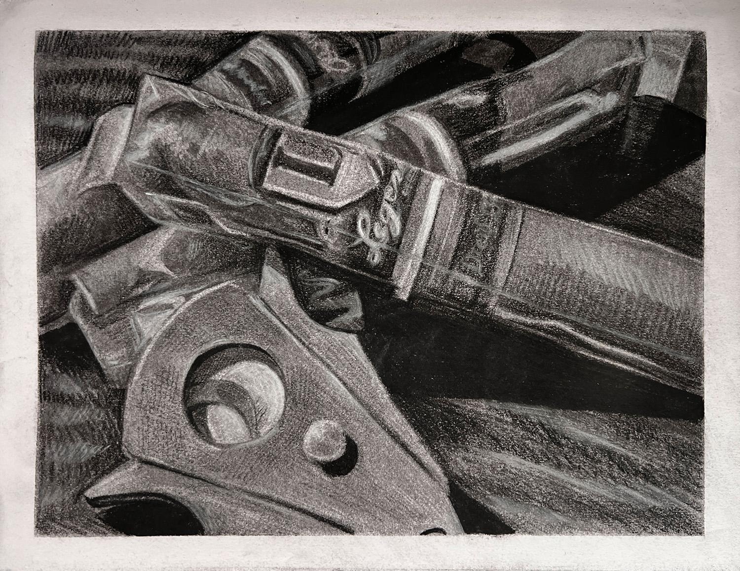 Brooke Wendorf  / Brooke Wendorf, charcoal still-life, 18x24 inches charcoal on paper, 2023, Goals (Value study) 
