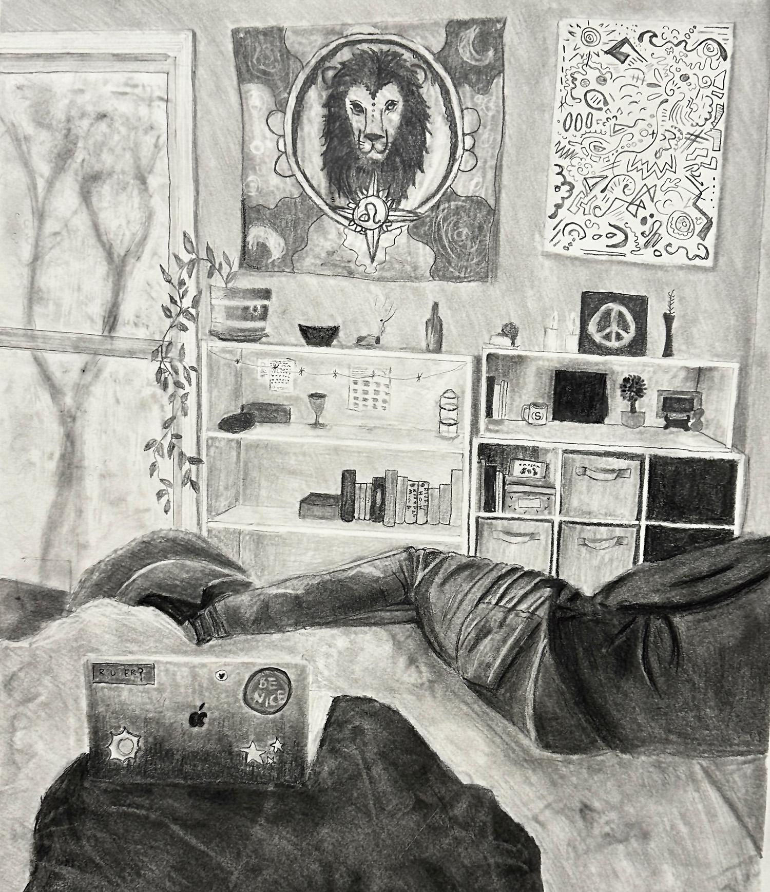 Fenix LaGrone  / Fenix LaGrone, Capstone Project (still life, perspective, language, half figure, personal symbol), 24x18", pencil and charcoal on paper 