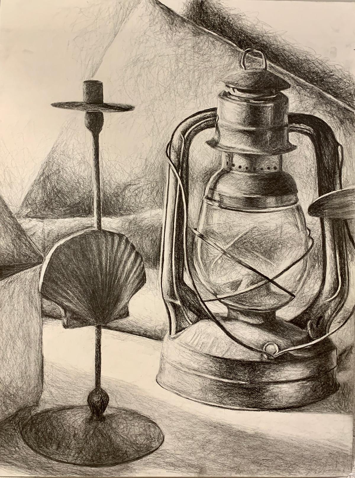 Morgan Bennett  / Morgan Bennett, charcoal still-life, 18x24 inches charcoal on paper, 2023, Goals (Value study) 