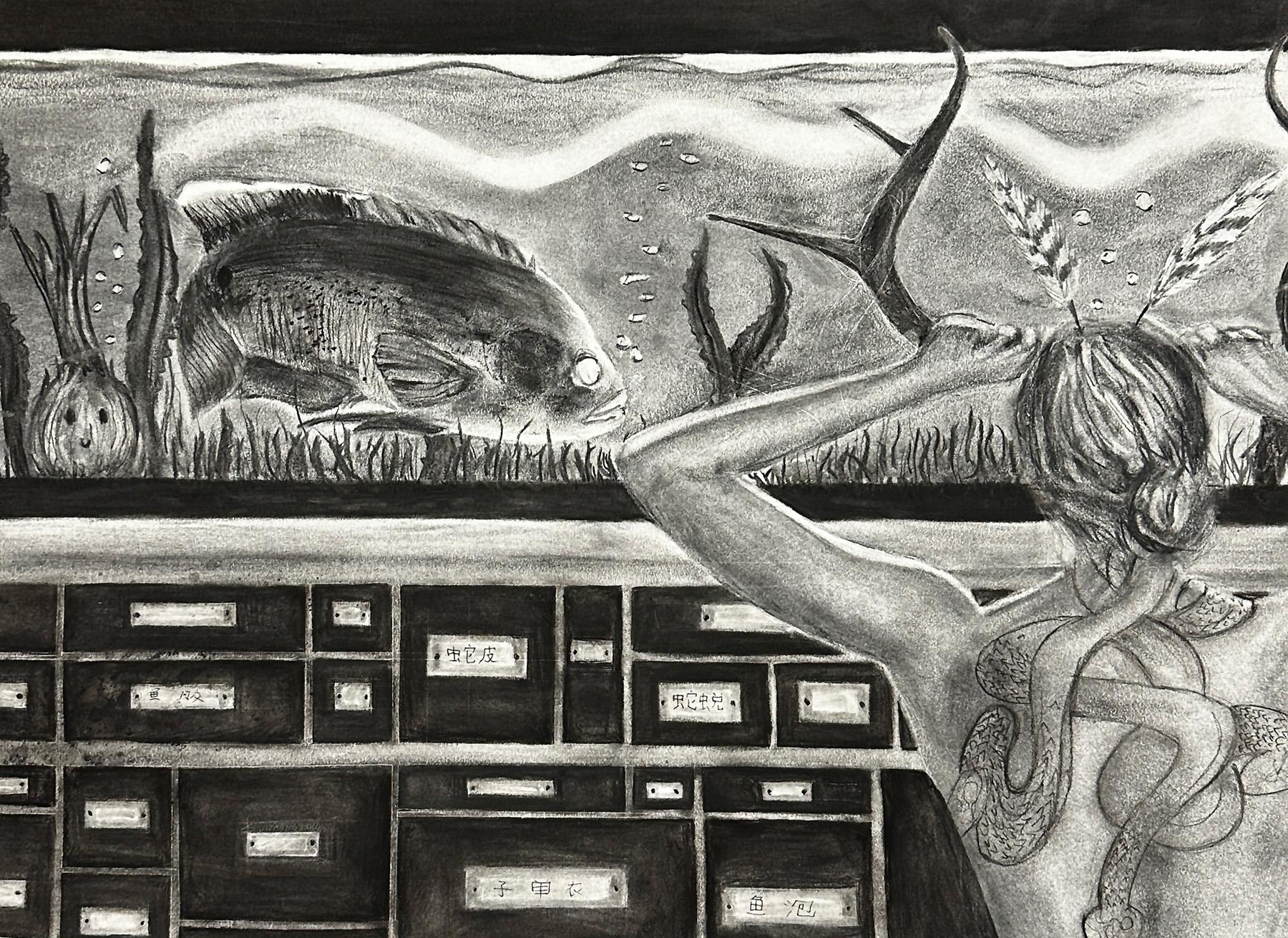 Sierra Neudorfer  / Sierra Neudorfer, Capstone Project (still life, perspective, language, half figure, personal symbol), 18x24", pencil and charcoal on paper 