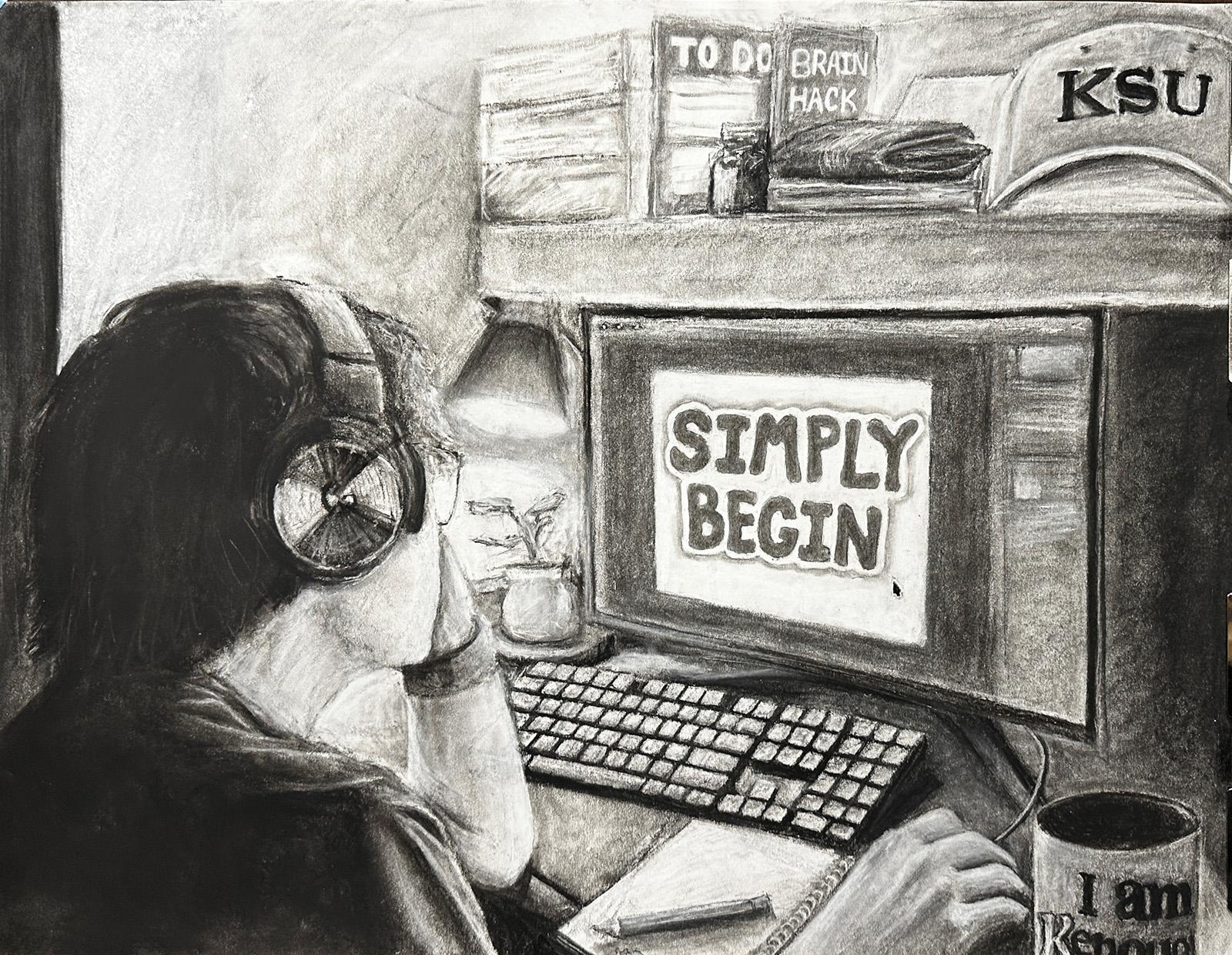 Connor Vitak  / Connor Vitak, Capstone Project (still life, perspective, language, half figure, personal symbol), 18x24", pencil and charcoal on paper 