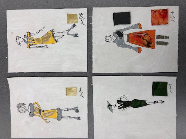 Joshaviah Duhart,  / Joshaviah Duhart, Fashion Fabrics, 10 x 8, Ink, Drawing 2 Fall,This holy trinity consists of painting, drawing, and textiles. This is demonstrated by the way the figures are drawn; painted on, then cloth is layered and stitched over them. This is do2023,  