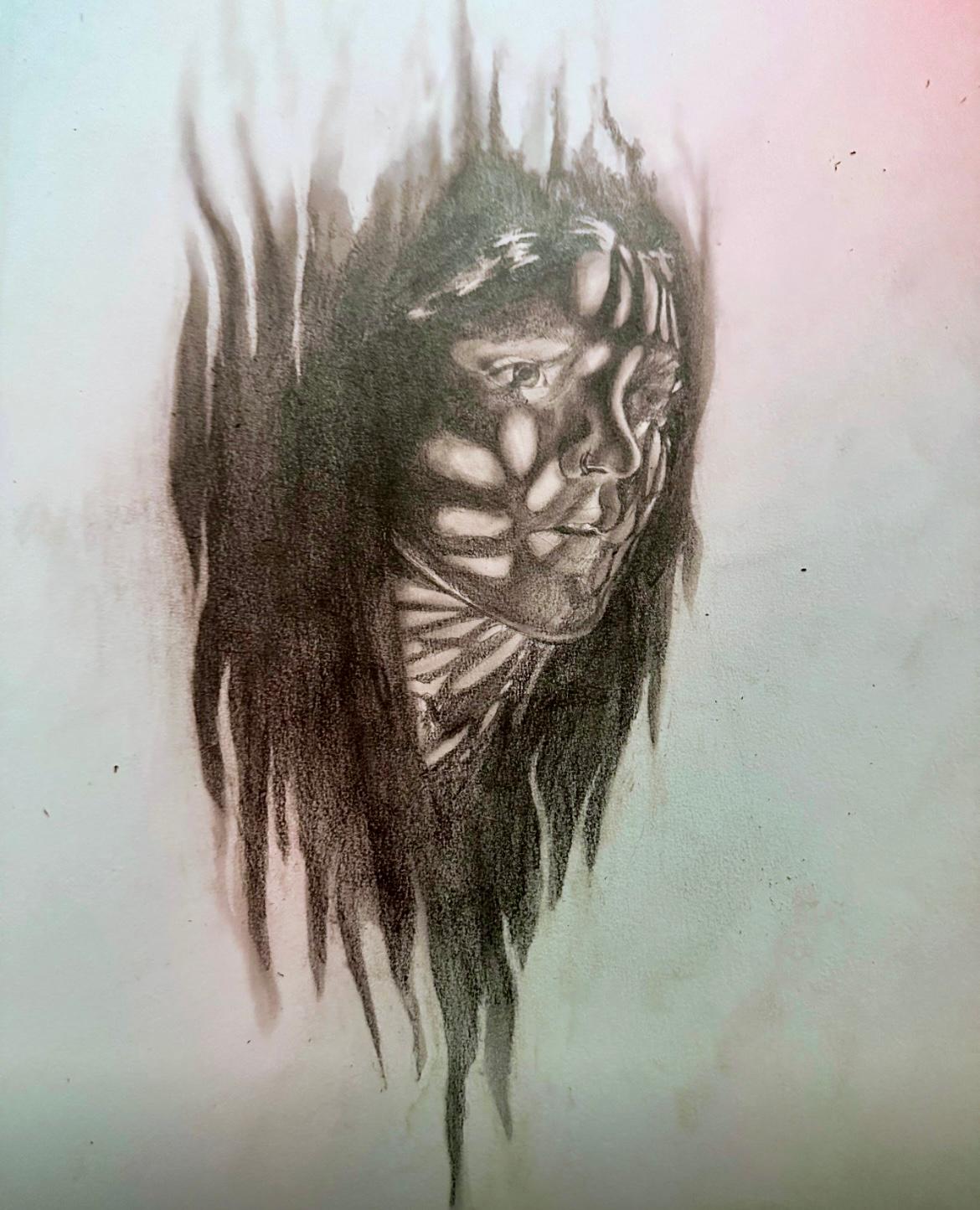 Siri Gulledge  / Siri Gulledge_ Self portrait -14x11"-self portrait with light and reflections- Summer 2023- creative self portrait the play of light of the subject