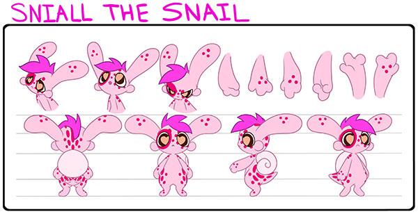  / Turnaround of the main character, Sniall, from "Critterland: Stickers," An animated short film created using Toon Boom Harmony, Adobe Illustrator, and After Effects.  
