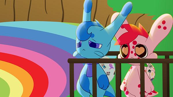  / Still shot of characters Sniall and Bleu from "Critterland: Stickers," An animated short film created using Toon Boom Harmony, Adobe Illustrator, and After Effects.  
