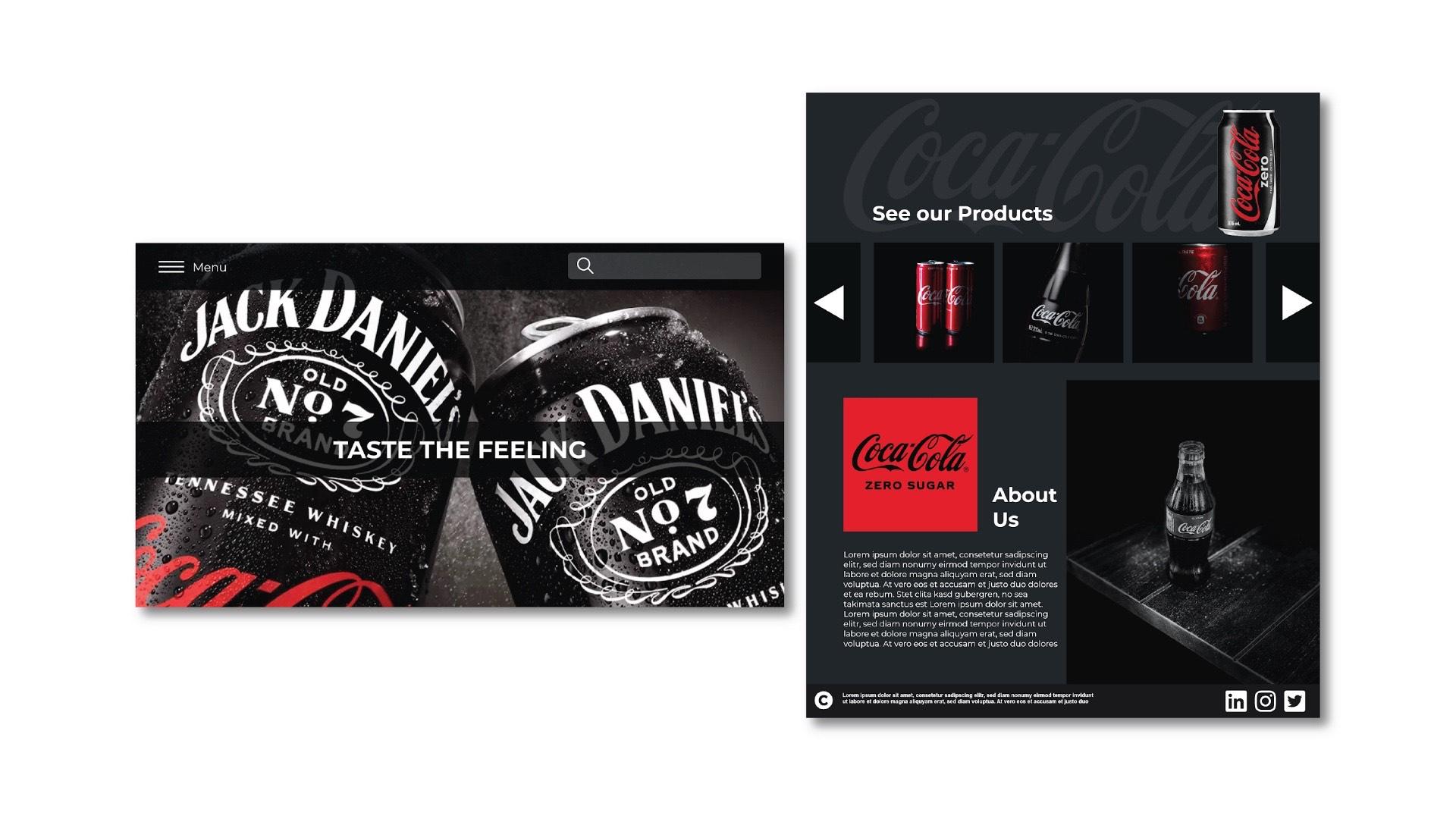 Jack and Coke  / "Jack and Coke," website rebrand, 1920 x 1080px Website , 2022. This website displays the new cans of Jack Daniels and Coke branded alcohol. 
