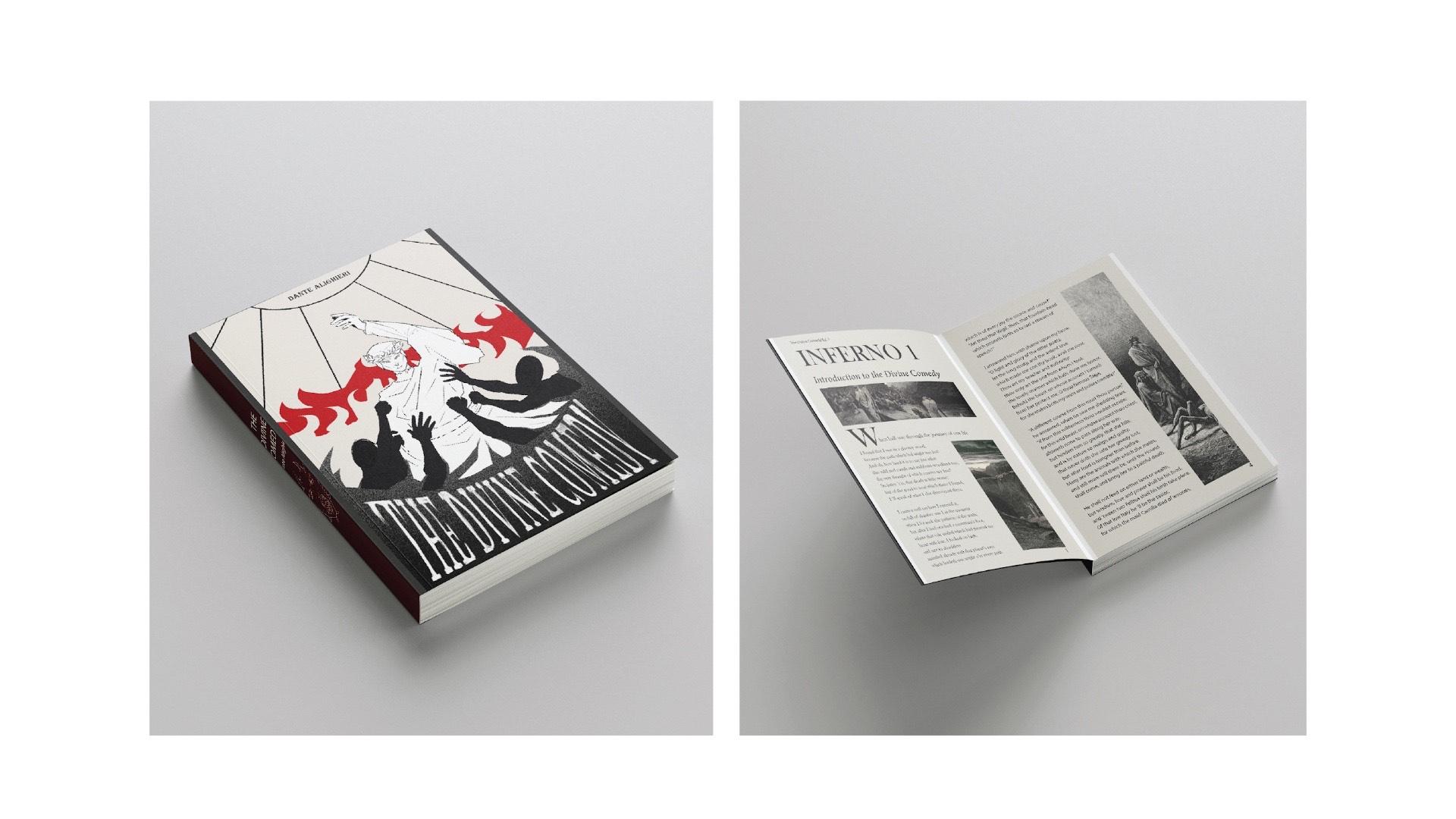 Divine Comedy  / cription
"Divine Comedy," book layout, 5 x 8 inches print book, 2023. This book features an organized layout of Inferno 1, 2, and 3 with additional imagery. 