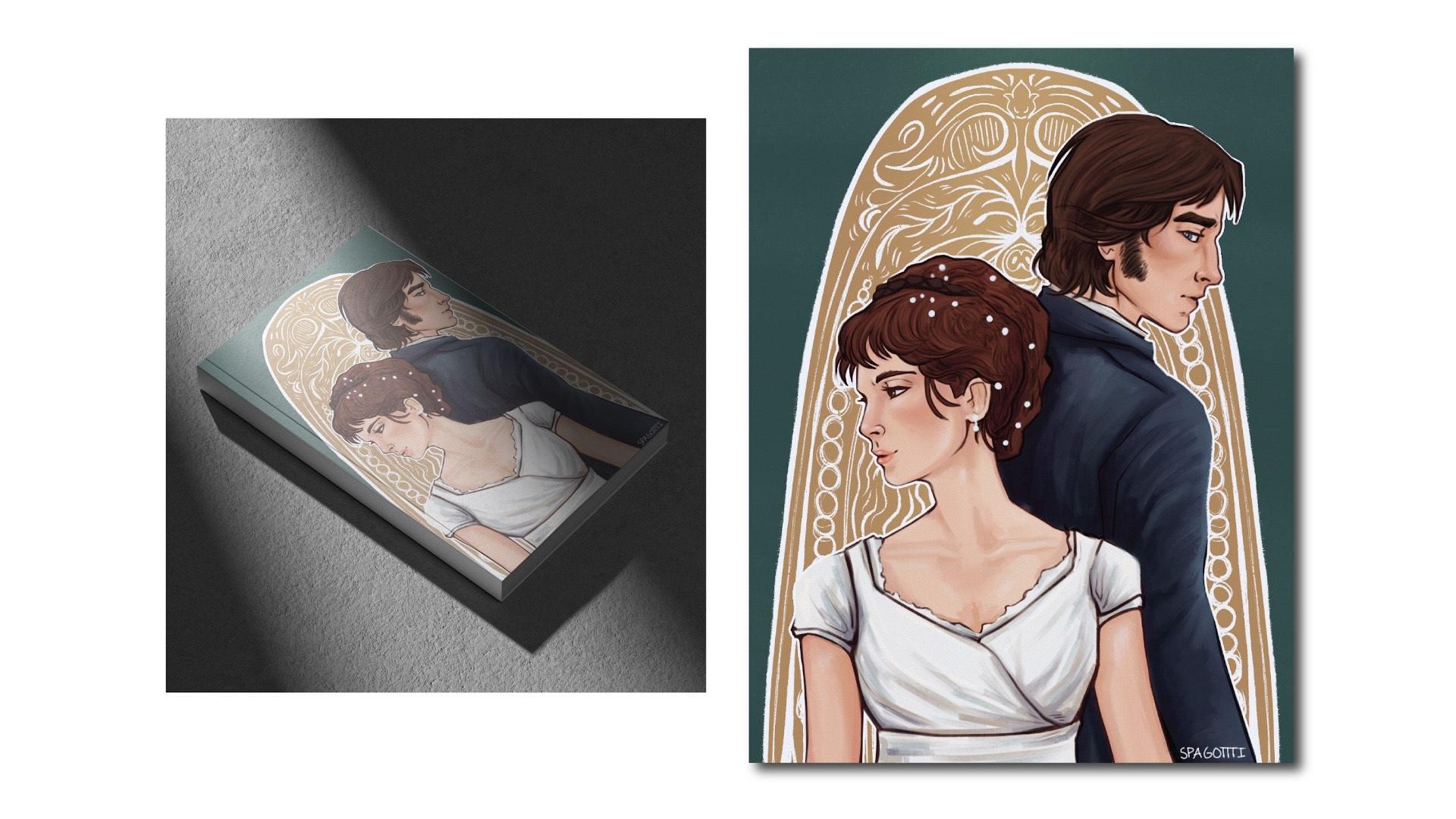 Pride and Prejudice  / "Pride and Prejudice," book cover, 5 x 8 inches printed book, 2021. This book cover features a redraw of the iconic ballroom scene with artistic flourish. 