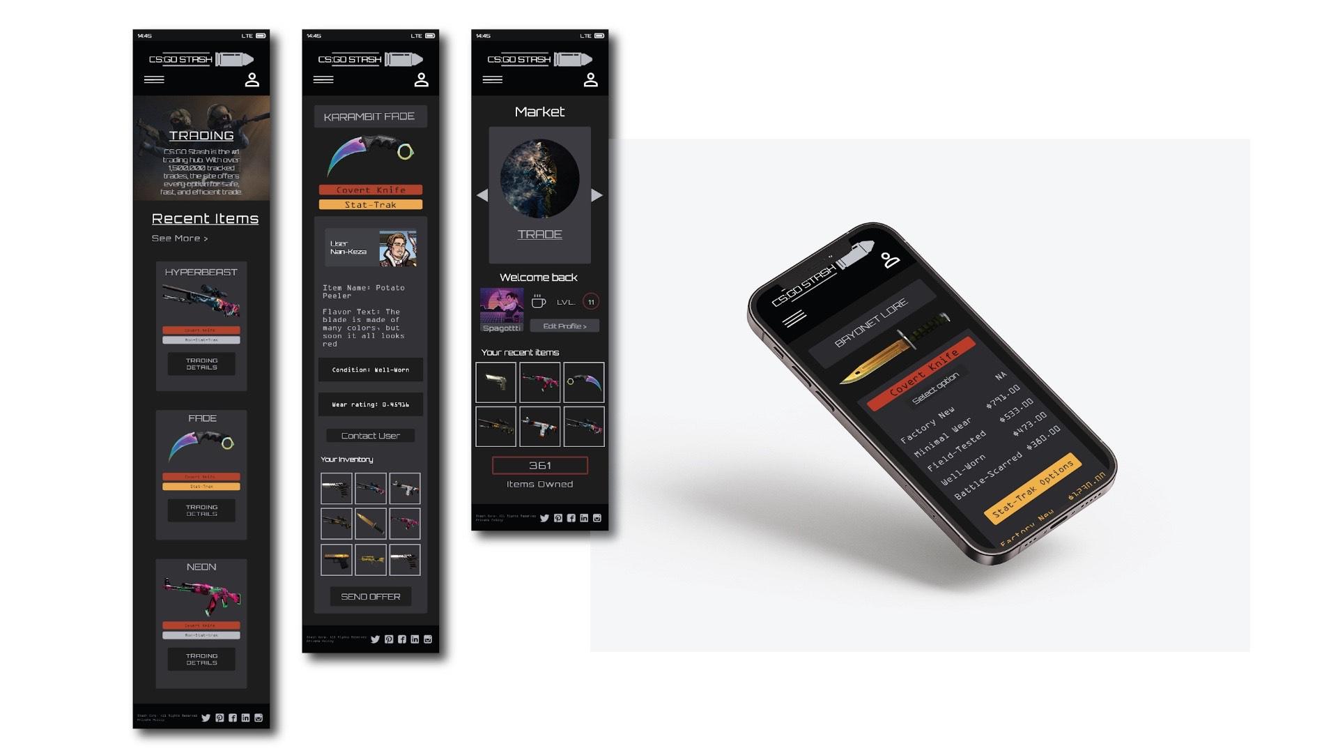 CS:GO Stash  / "CS:GO Stash," app redesign, 5.78 x 2.82 phone app, 2022. This app reworks the classic trading system of CS:GO. 