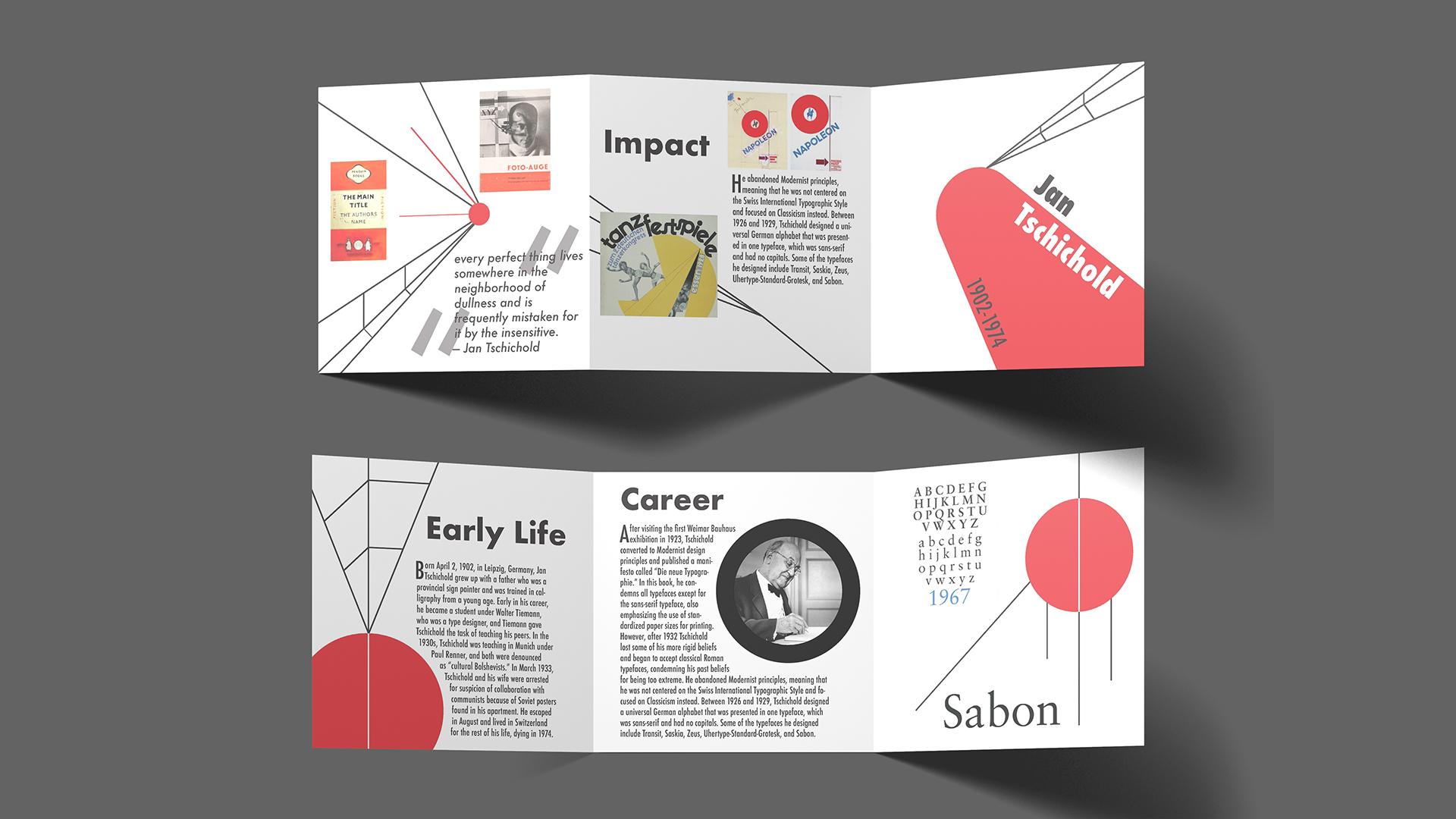 Jan Tschichold Brochure  / “Jan Tschichold Brochure,” 5 x 5 inches print brochure, 2021. This brochure gives information on graphic designer Jan Tschichold.