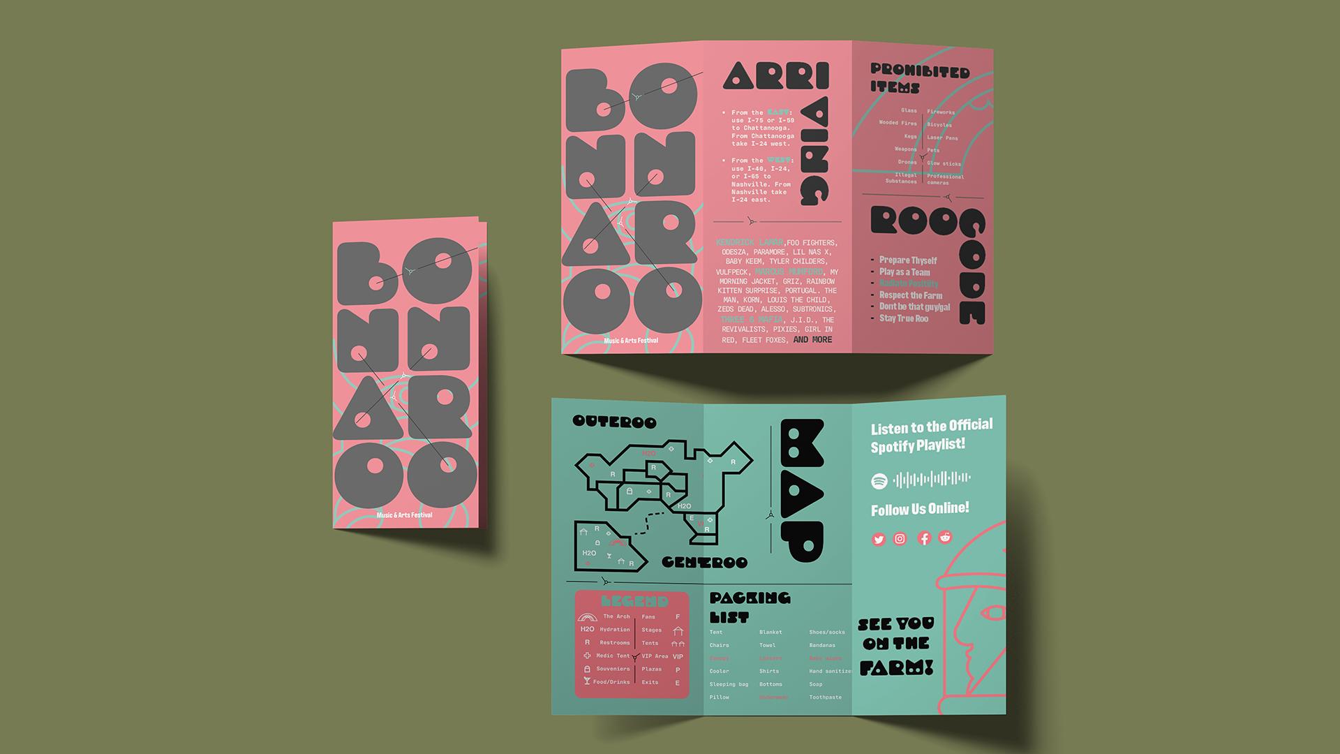 Bonnaroo Music Festival Brochure  / “Bonnaroo Music Festival Brochure,” 8 x 3 inches print brochure, 2023. This brochure gives festival goers tips for arriving to the festival. 