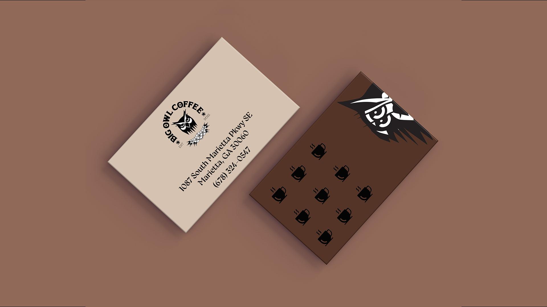 Big Owl Coffee punch card  / “Big Owl Coffee punch card,” 2 x 3 inches print card, 2023. This punch- card is part of a the rebranding of Big Owl Coffee. 