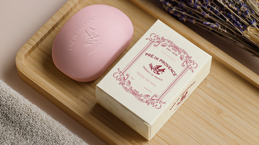 Organic Essence Bar  / “Organic Essence Bar,'' soap packaging, 5 x 1.5 x 2 inches, 2023. Designed and constructed packaging for a small line of natural soaps for Pré de Provence