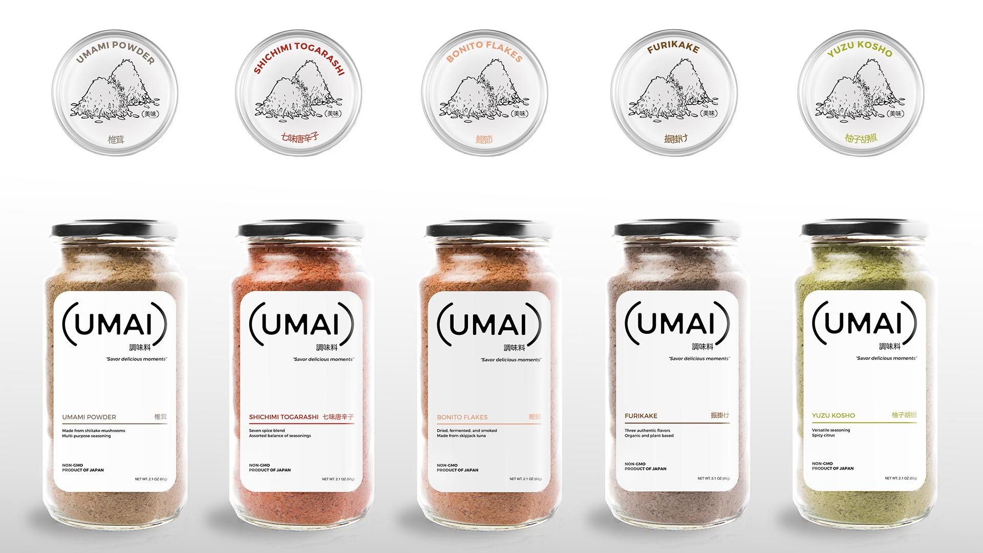 UMAI  / “UMAI,” bottle packaging, 5.67 x 2.72 inches, 2023. Designed the logo, bottle packaging, kit packaging, billboard, postcards and light box sign for a spice brand.  