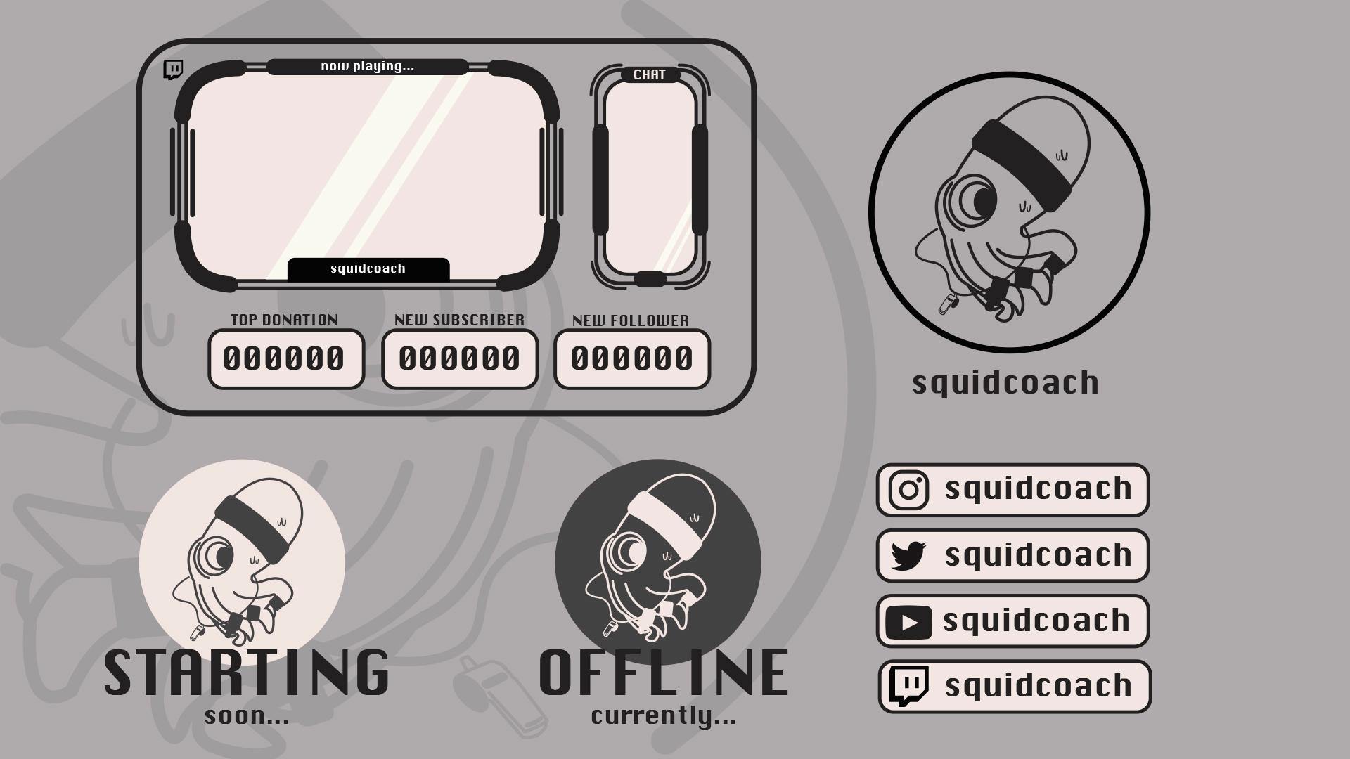 @squidcoach  / “@squidcoach,” twitch stream overlay template, 2023. Designed a vector logomark and stream overlay template based on a personal video game tag. 