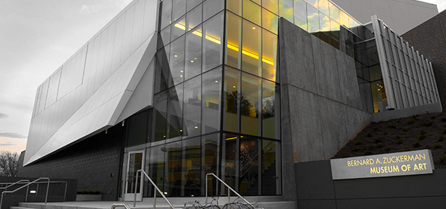 Glass and concrete modern style exterior of the Zuckerman Museum..