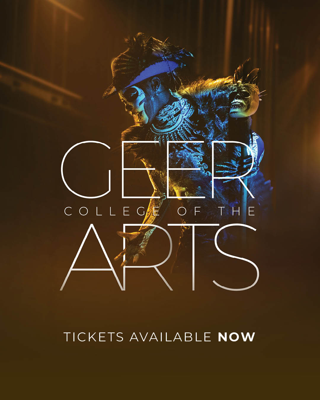 Theater performer in voodoo costume with the words "Geer College of the Arts 2026-2027 Season" on the image