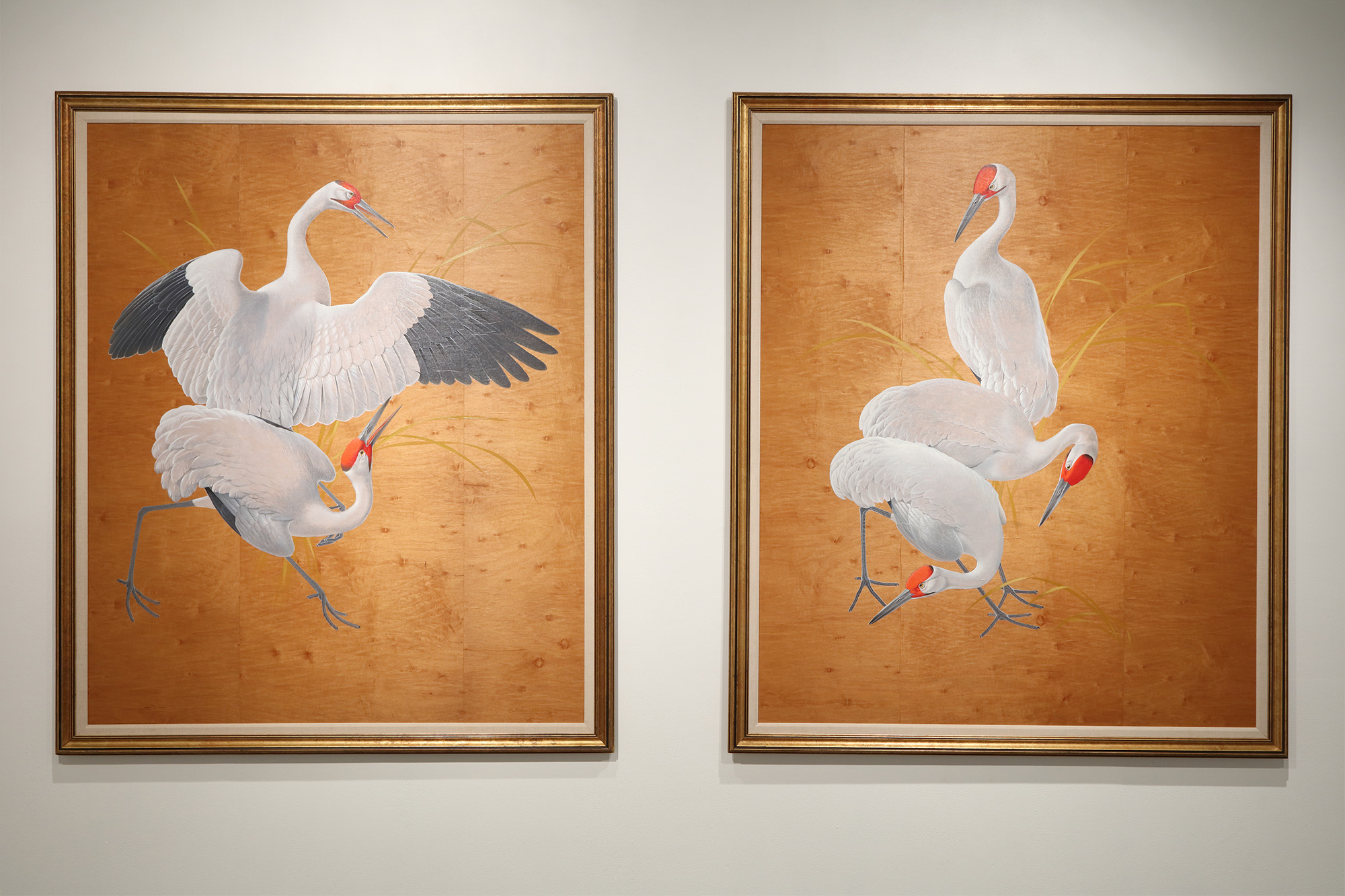 two paintings of two whooping cranes with orange background