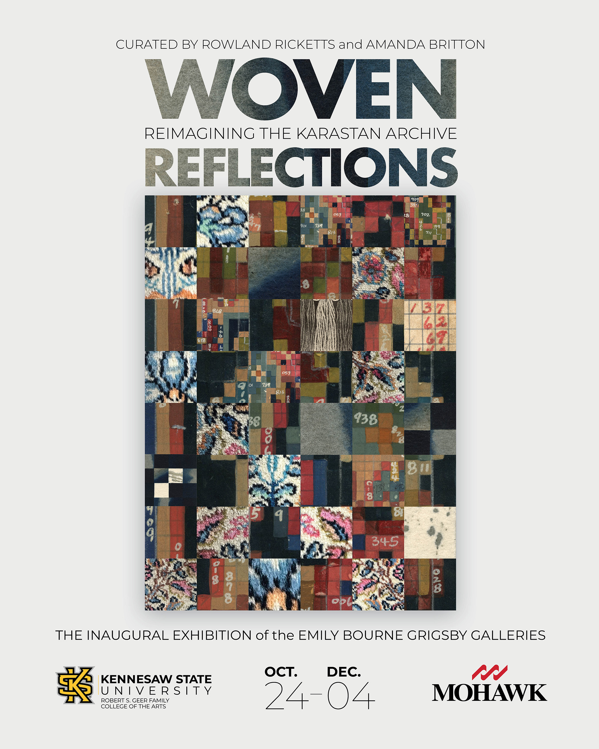 Graphic promoting opening exhibition featuring a rug in the middle