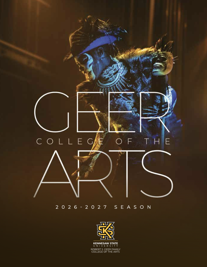 an actress portrays a tribal god on the cover of the arts season brochure