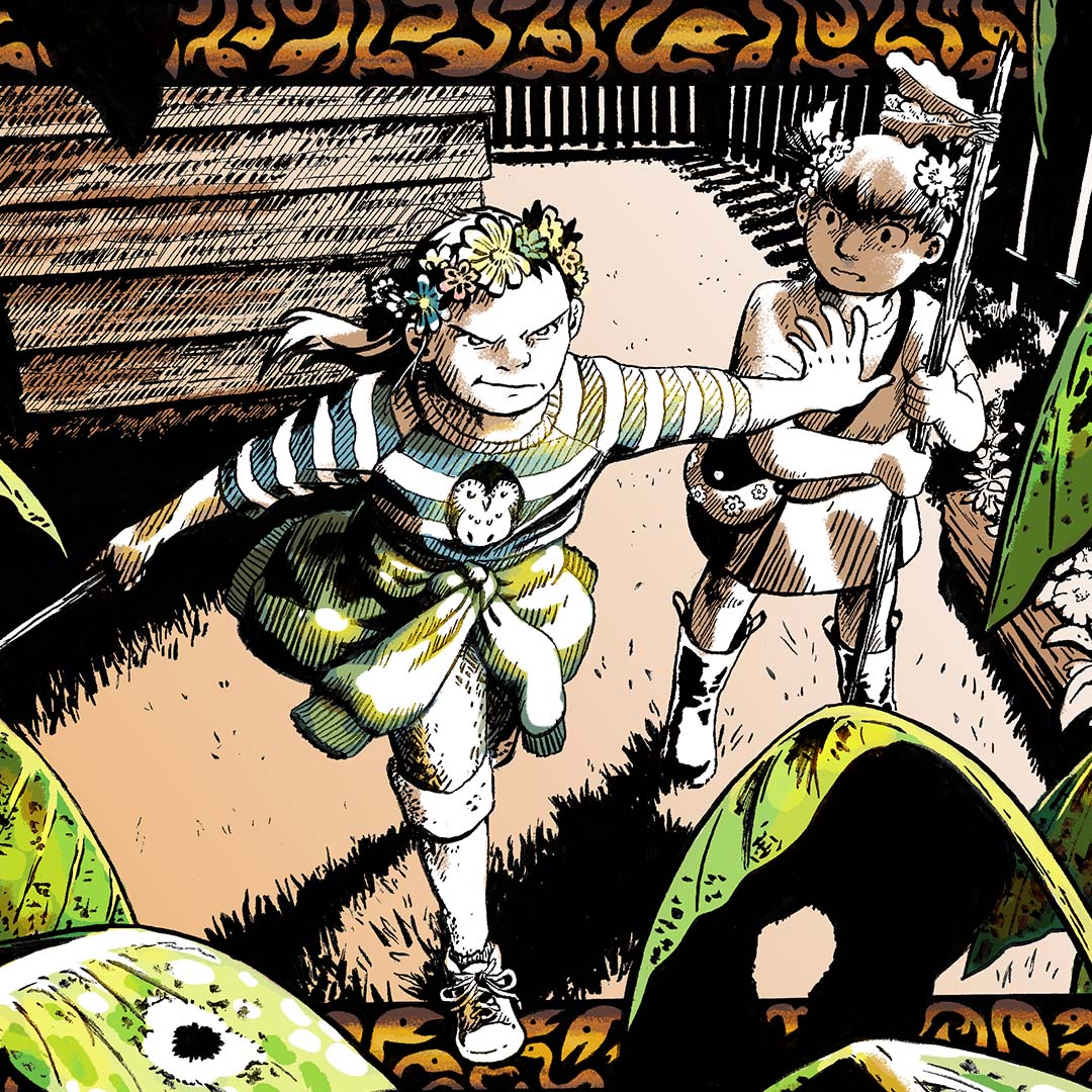 green, brown and white illustration of two girls playing, one with a sword reaching out to protect the other