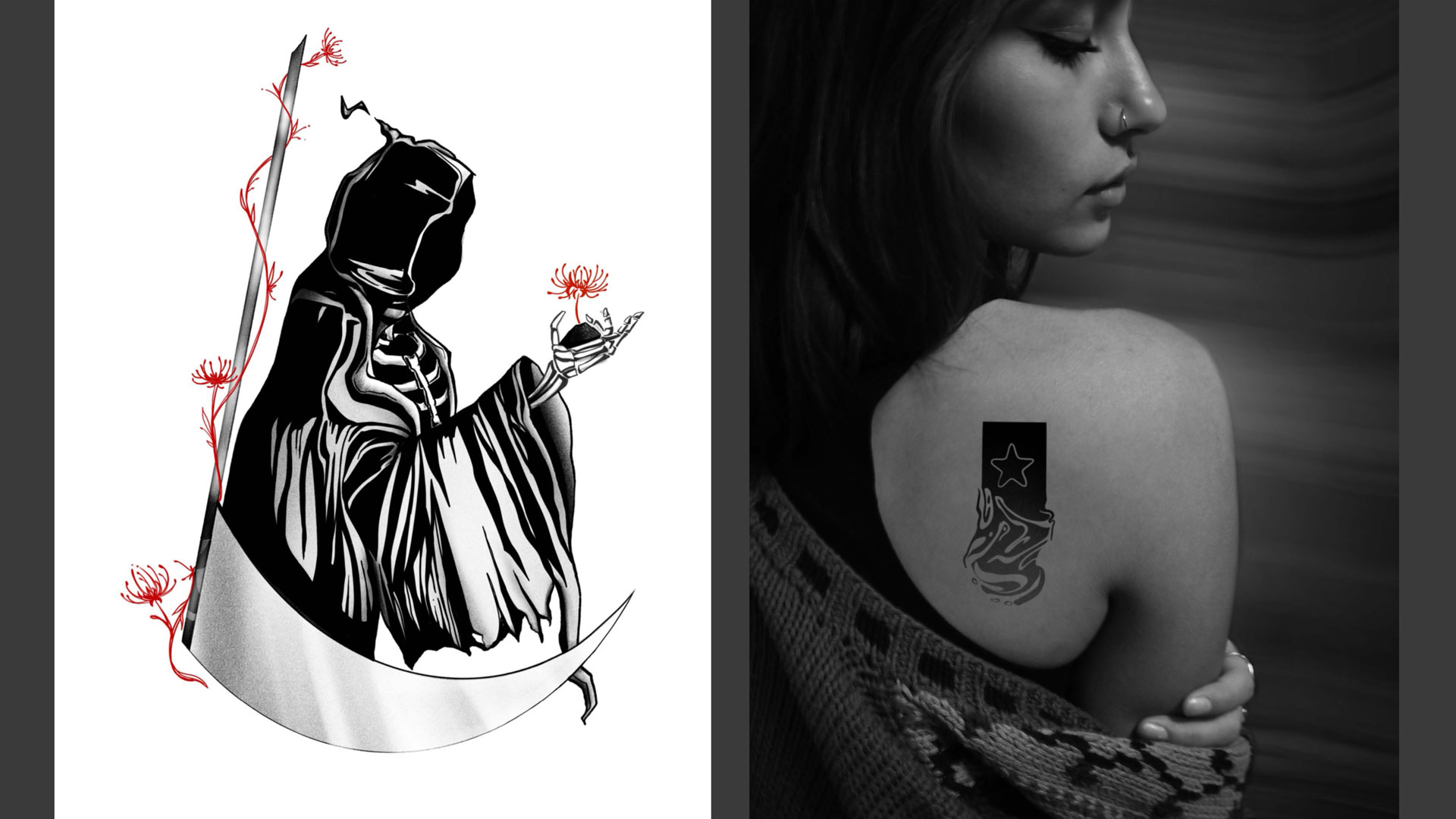 tattoo designs of a black and white grim reaper with red flowers and a womans shoulder featuring a star in a square fading into water