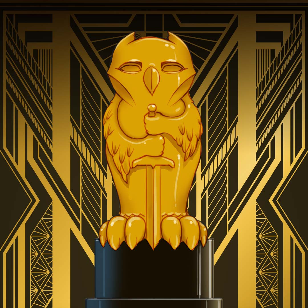 golden owl trophy on art deco background