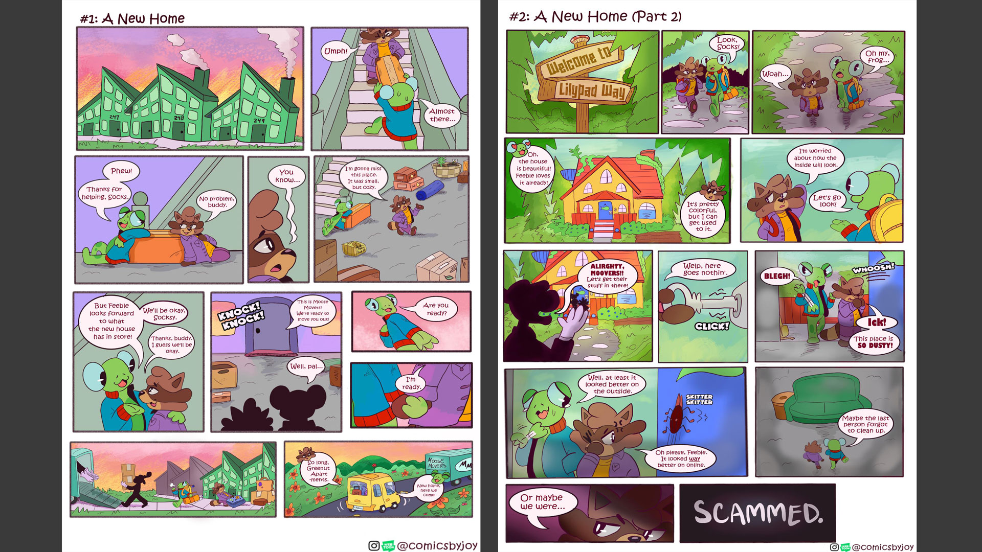 colorful comic book spread featuring a raccoon and turtle