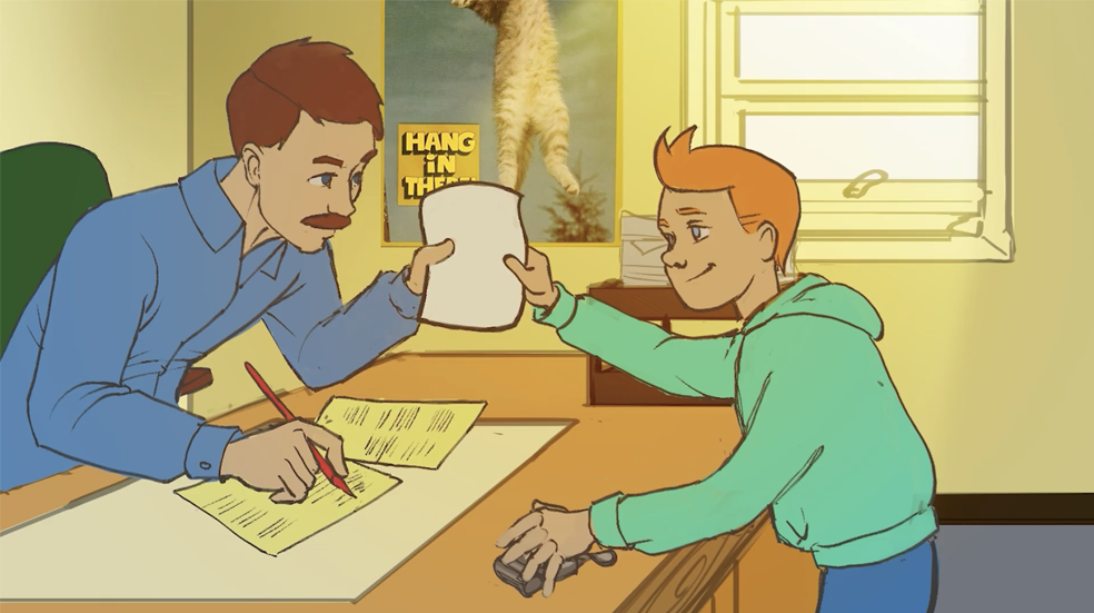 A student is using his test paper to distract the teacher while he pockets another student's watch.