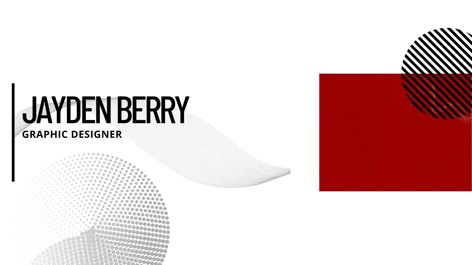 "Jayden Berry Graphic Designer" on a white background with red and grey geometic shapes