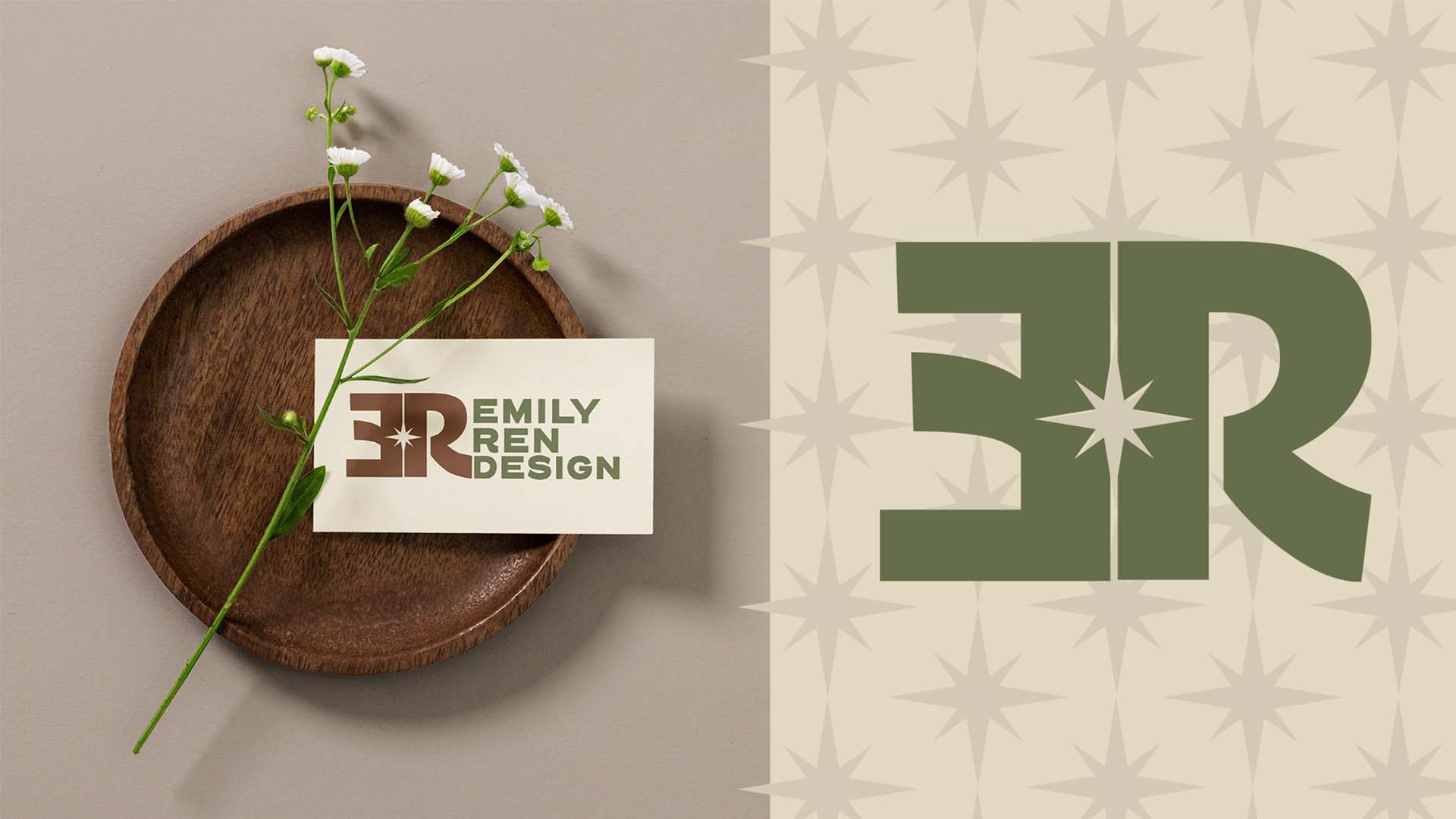 logo of an ER and a buisness card on a wooden bowl with a flower.