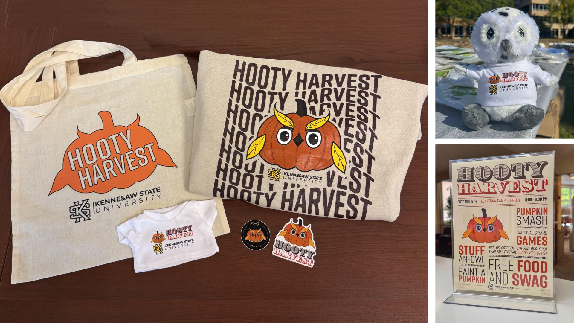 Hooty Harvest tote bag, tshirt and stickers depicting an illusration of a pumpkin owl head