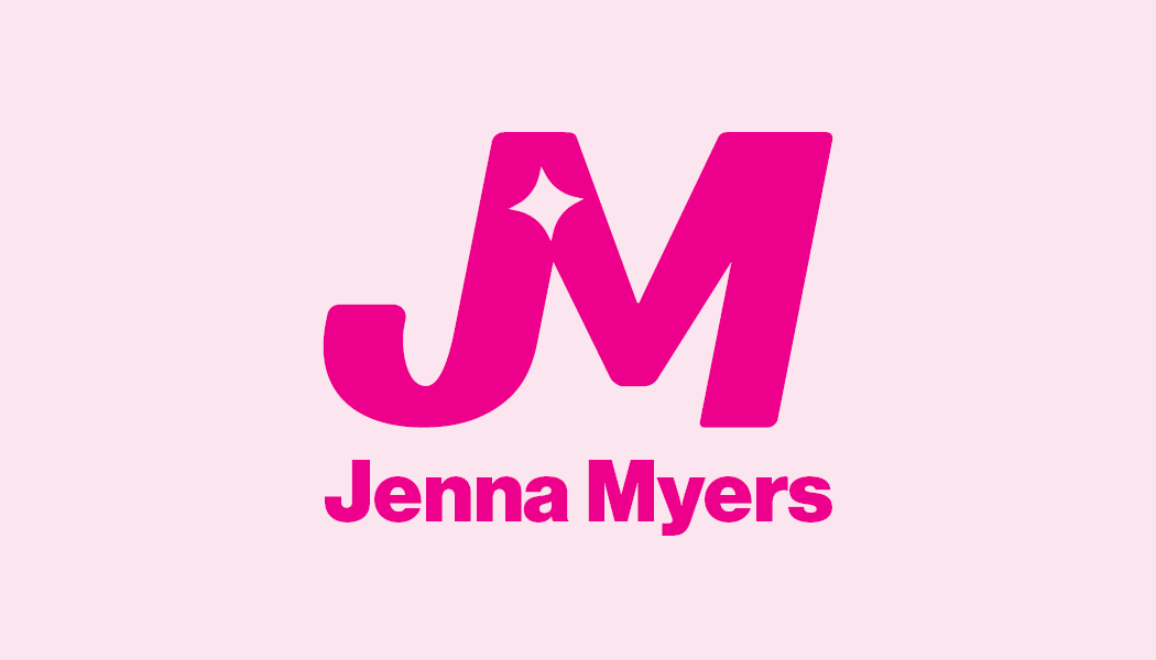 Bright pink JM on a light pink background