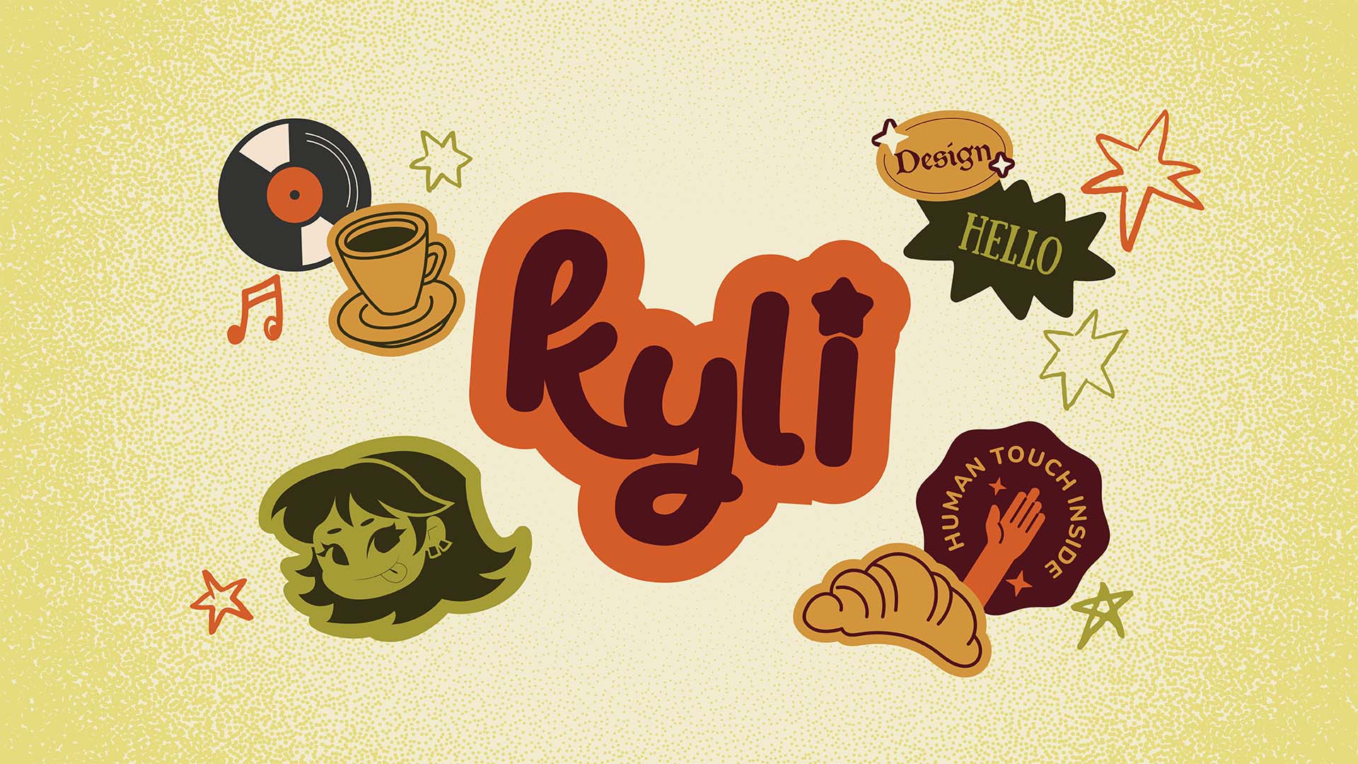 Multicolored illustrative stickers of a girl, coffee and record with "Kyli" in script in the middle