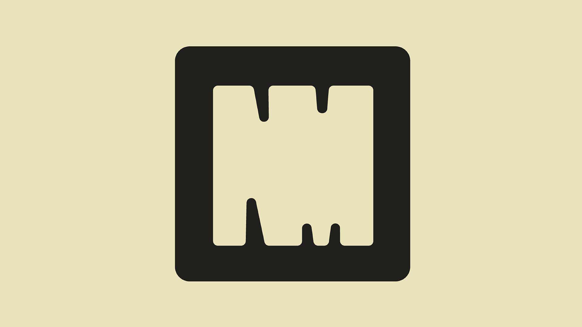 Tan and black letter logo on a tan background