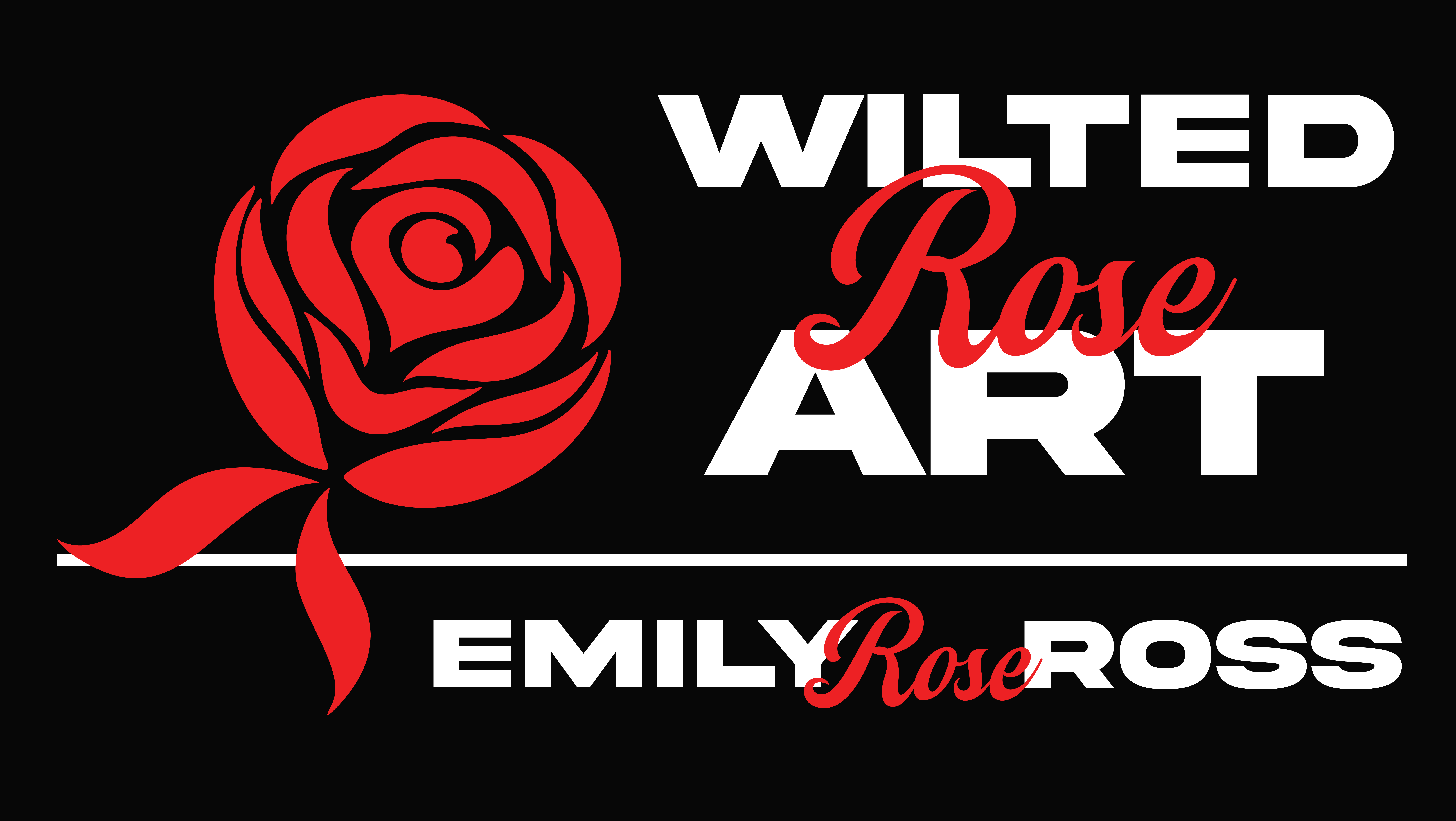 Minimalist red rose illustration with red and white text "Wilted Rose Art" and "Emily Rose Ross" on a black background.