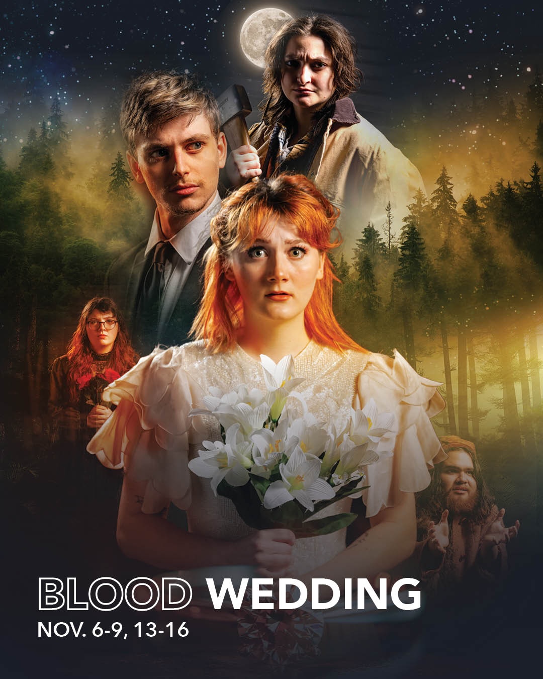 a theatre poster for the production of blood wedding depicting actors in character