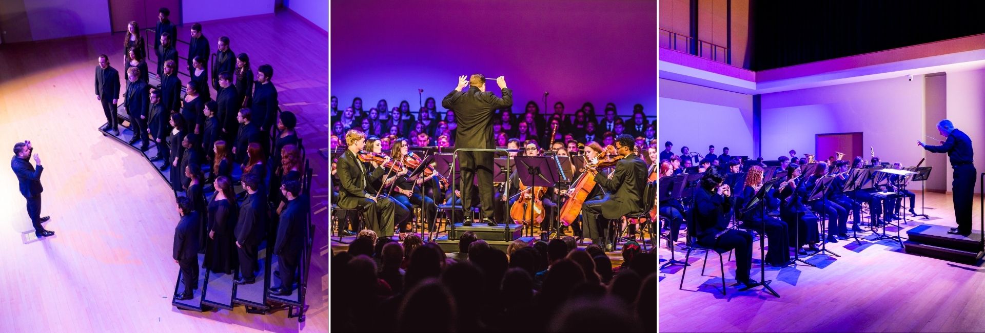 Three photos of three different music ensembles: choirs, orchestra, and bands