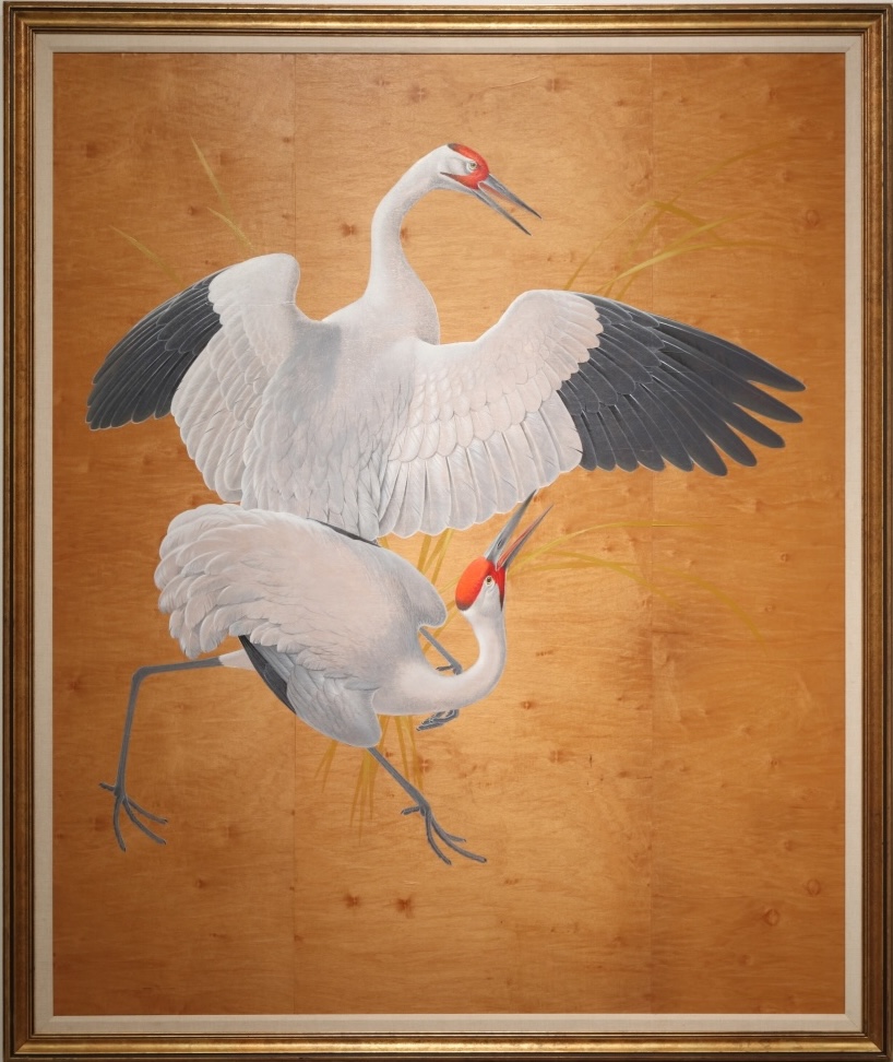 a painting of whooping cranes