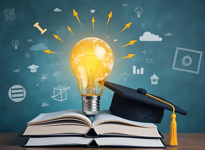 A glowing light bulb on top of stacked open books with a graduation cap beside it, symbolizing knowledge and academic achievement.