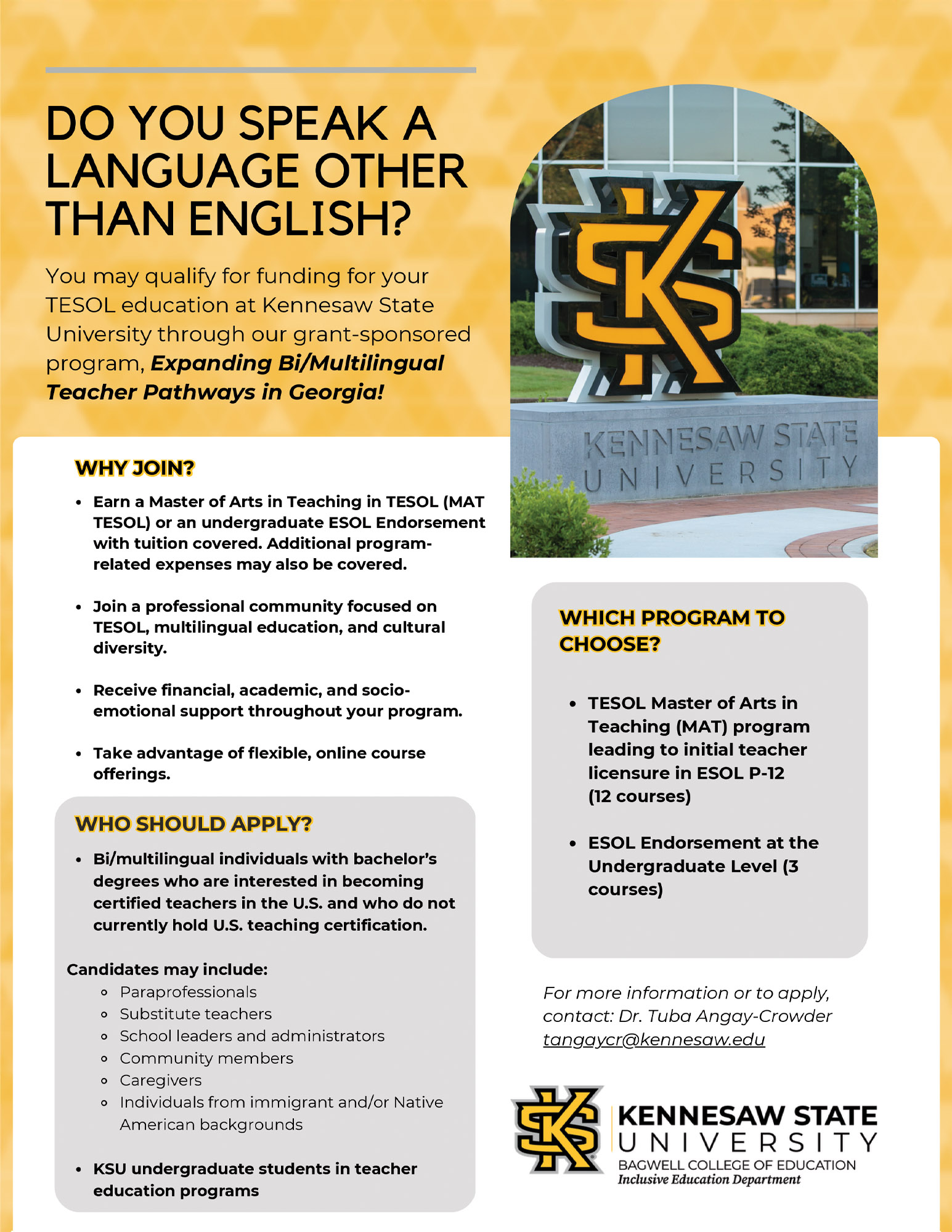 KSU TESOL Flyer Expanding Bi/Multilingual teacher pathways in Georgia