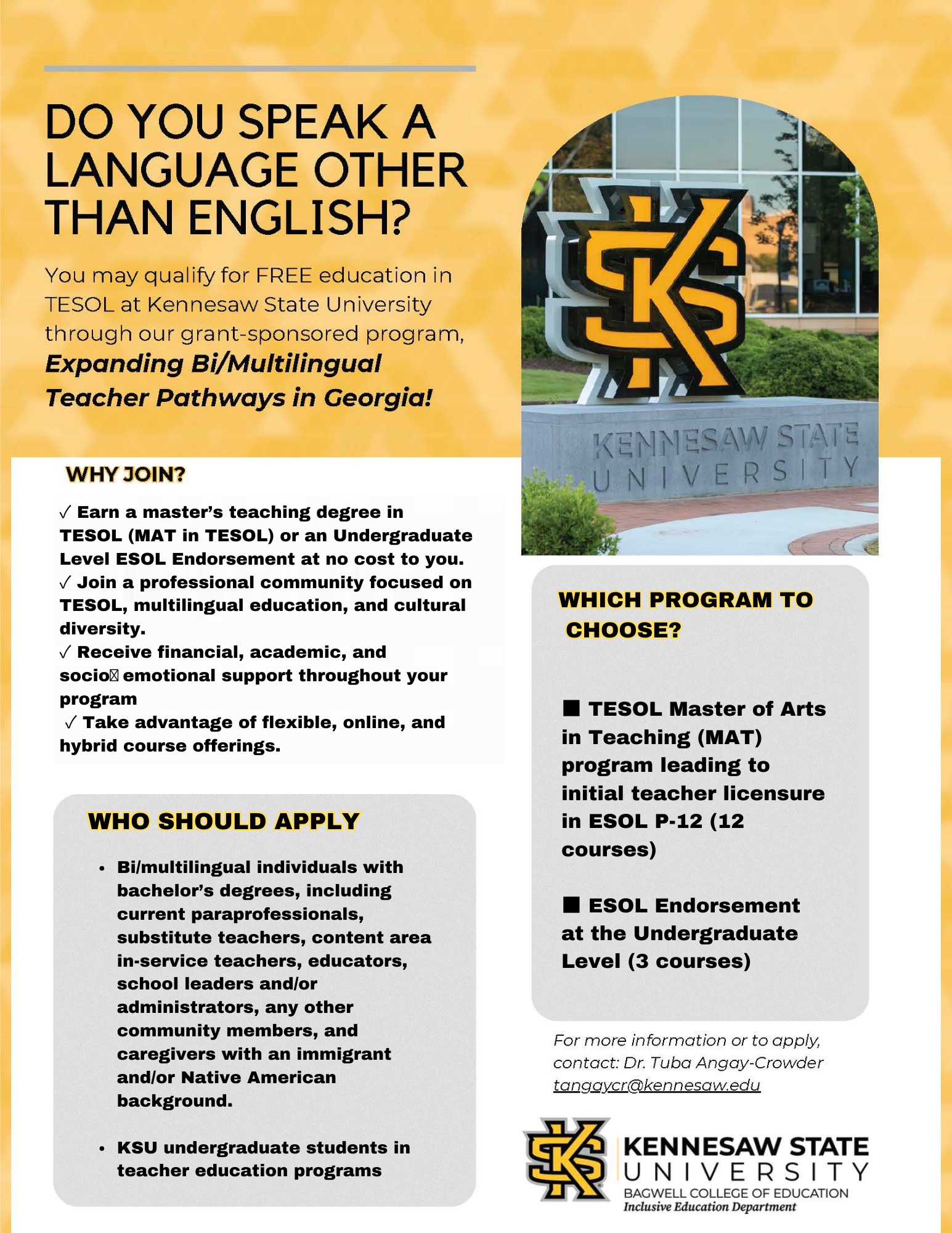 KSU TESOL Flyer Expanding Bi/Multilingual teacher pathways in Georgia