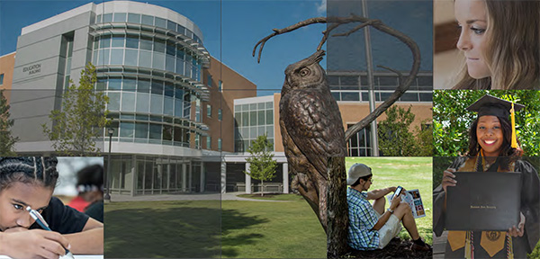 A collage featuring the Bagwell College of Education building at Kennesaw State University, a statue of an owl, and various students engaged in learning, studying, and celebrating graduation.
