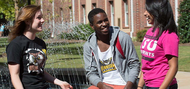 Three students engage in discussion near a fountain, highlighting their participation in a research and professional development activity.