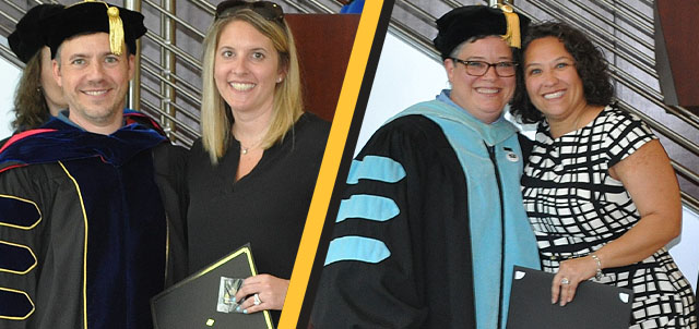 Graduates in two photos celebrate their achievements, with a woman in a gown honored with the Outstanding Scholar Award.