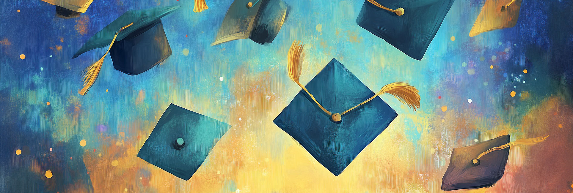 A colorful, artistic illustration of graduation caps with golden tassels being tossed into the air against a vibrant blue and yellow background.