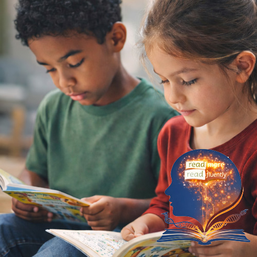 Two children sitting and readi with a head icon above a book that says Read More. Read Fluently.