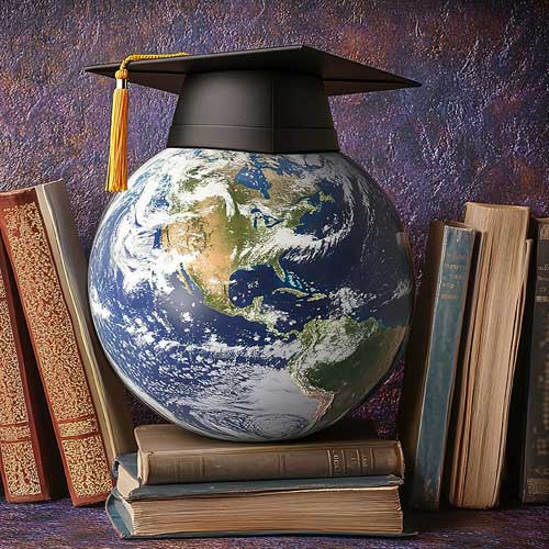 A graduation cap placed atop several books, representing the journey of learning and teaching english in global and local contexts.