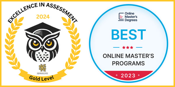 Excellence in Assessment Gold Level 2024 and Best Online Master's Programs 2023 badges, highlighting academic recognition and achievement.