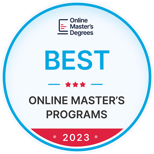 A circular badge with the text 'Online Master's Degrees BEST 2023' indicating recognition for top online master's programs